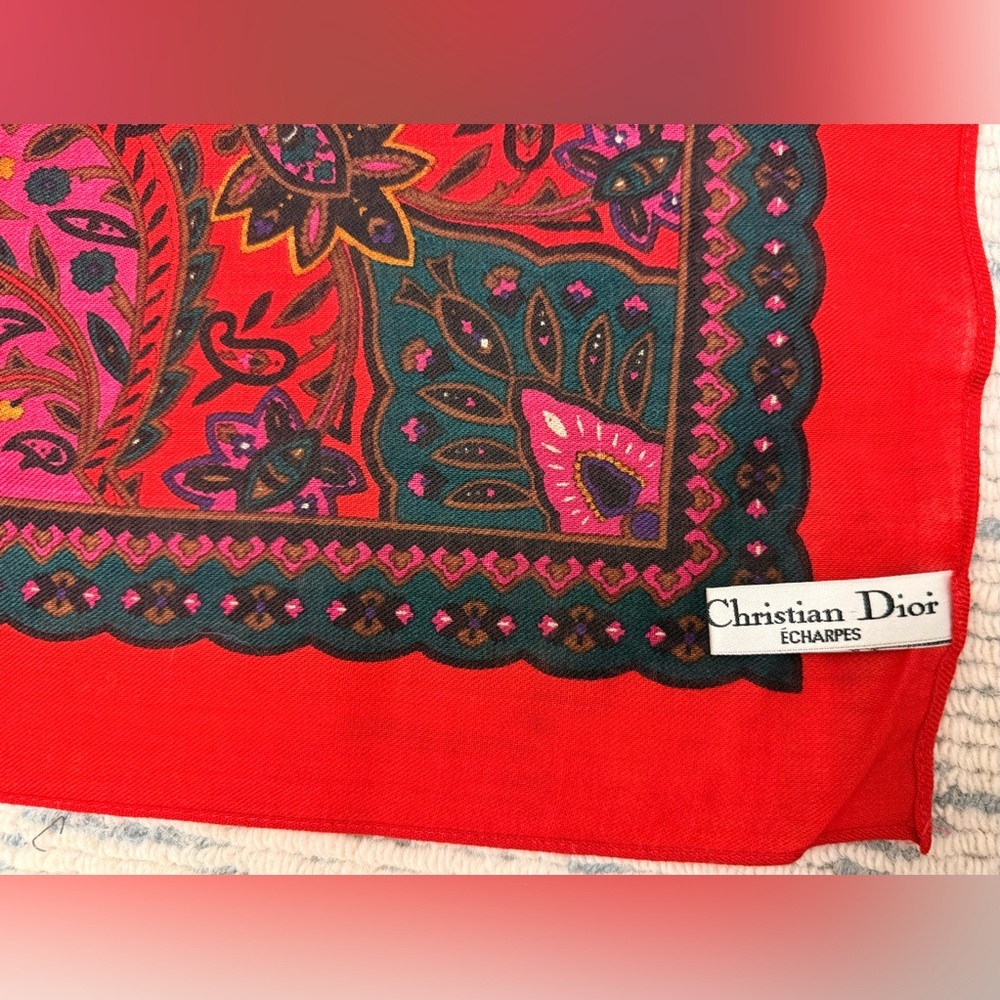 CHRISTIAN DIOR Vintage Rare Red Paisley Floral Retro 100% Wool Square Scarf - Picture 12 of 14